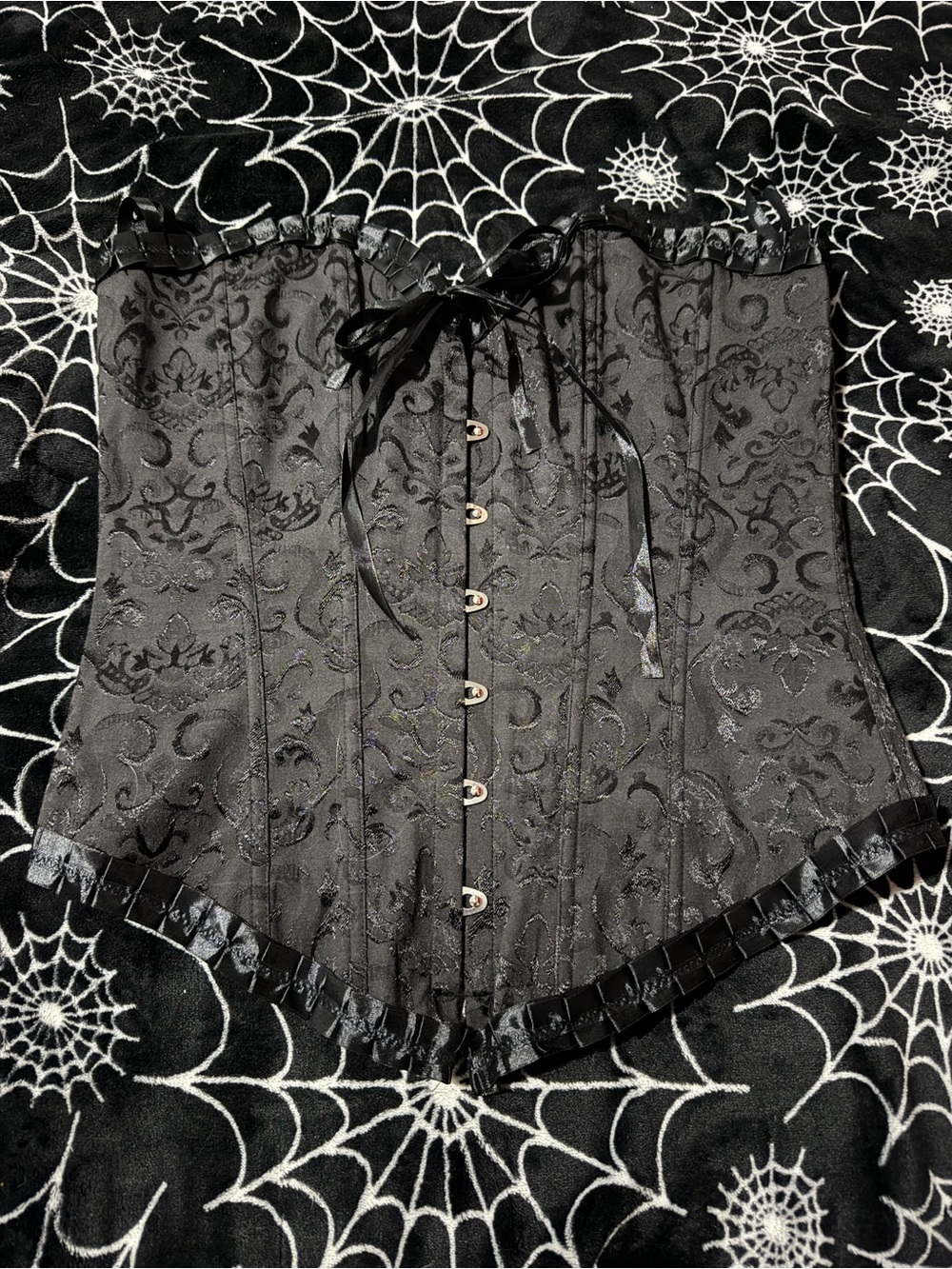 Black Jacquard Lace-Up Corset with Ruffle Trim